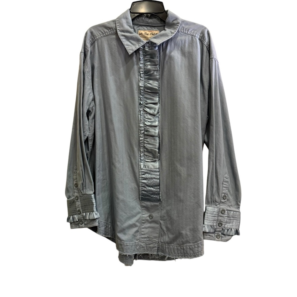 We The Free Slate Blue Herringbone Knit Cotton Tuxedo Ruffle Shirt sz XS